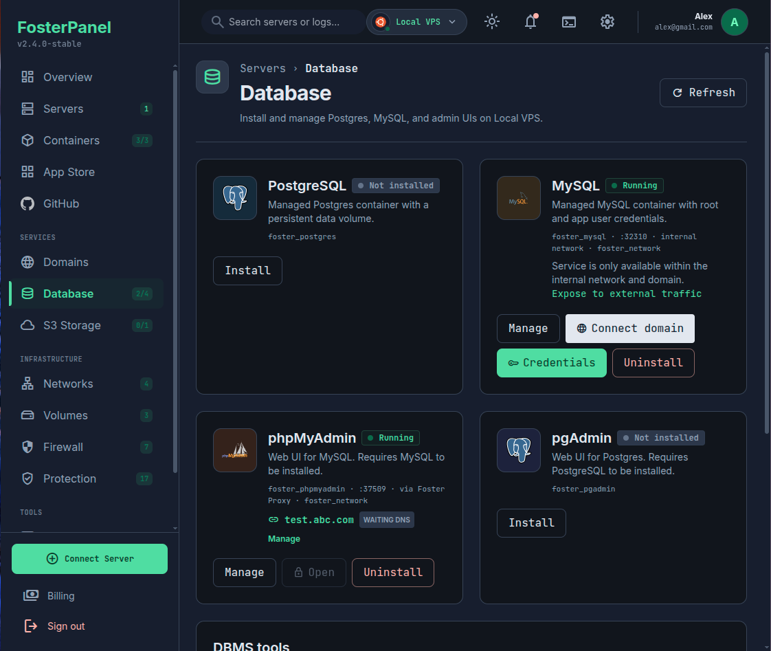 FosterPanel 1-Click Database Provisioning (dark mode)