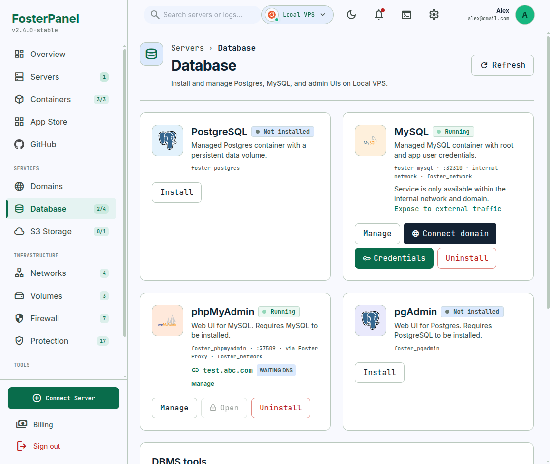 FosterPanel 1-Click Database Provisioning (light mode)