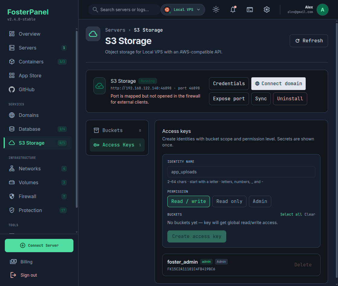 FosterPanel 1-Click S3 Storage (dark mode)