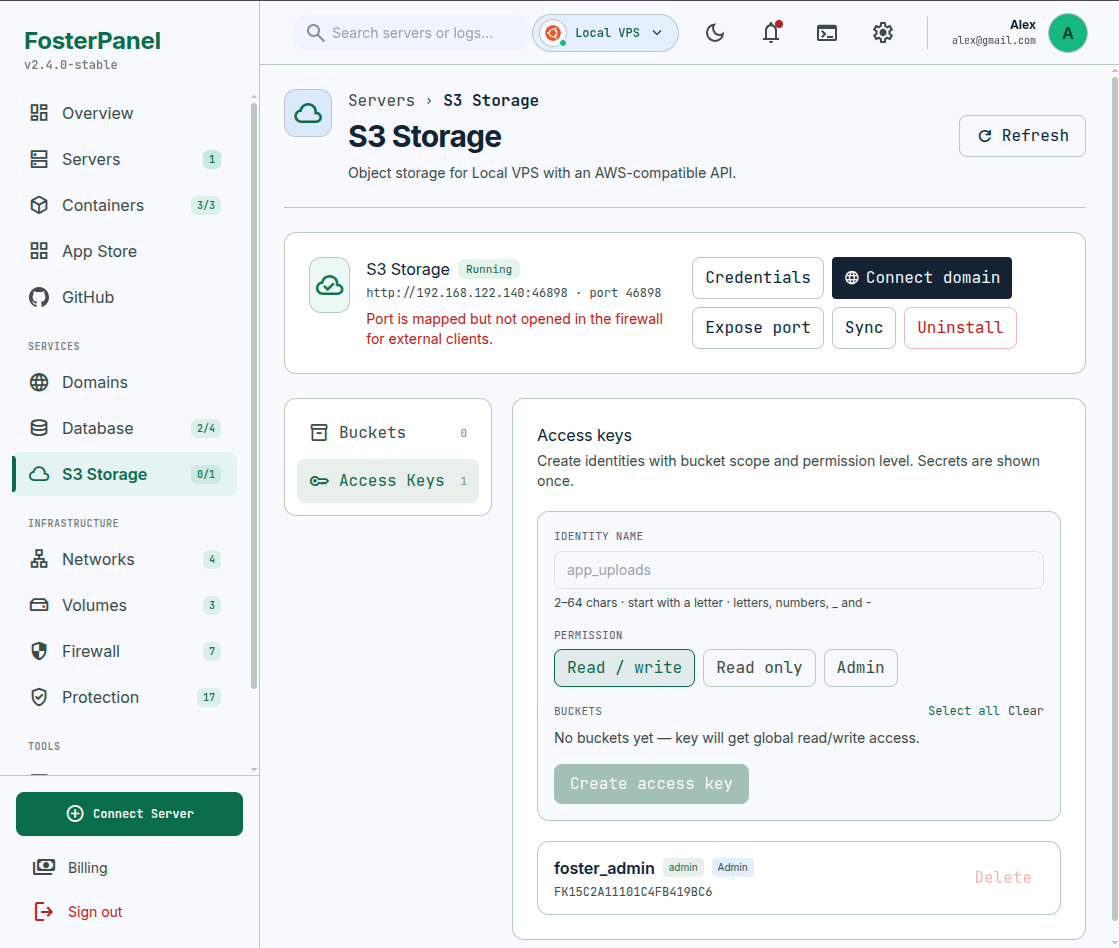 FosterPanel 1-Click S3 Storage (light mode)