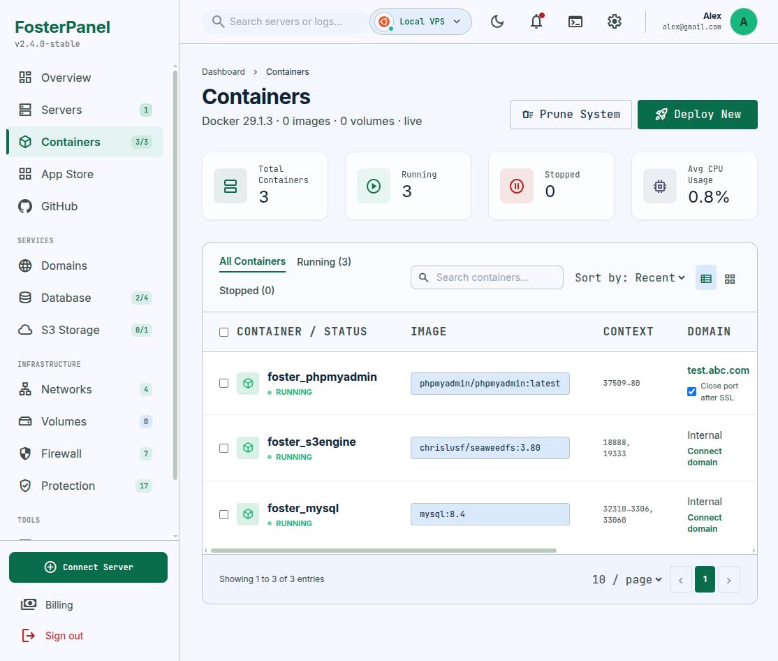 FosterPanel container management (light mode)