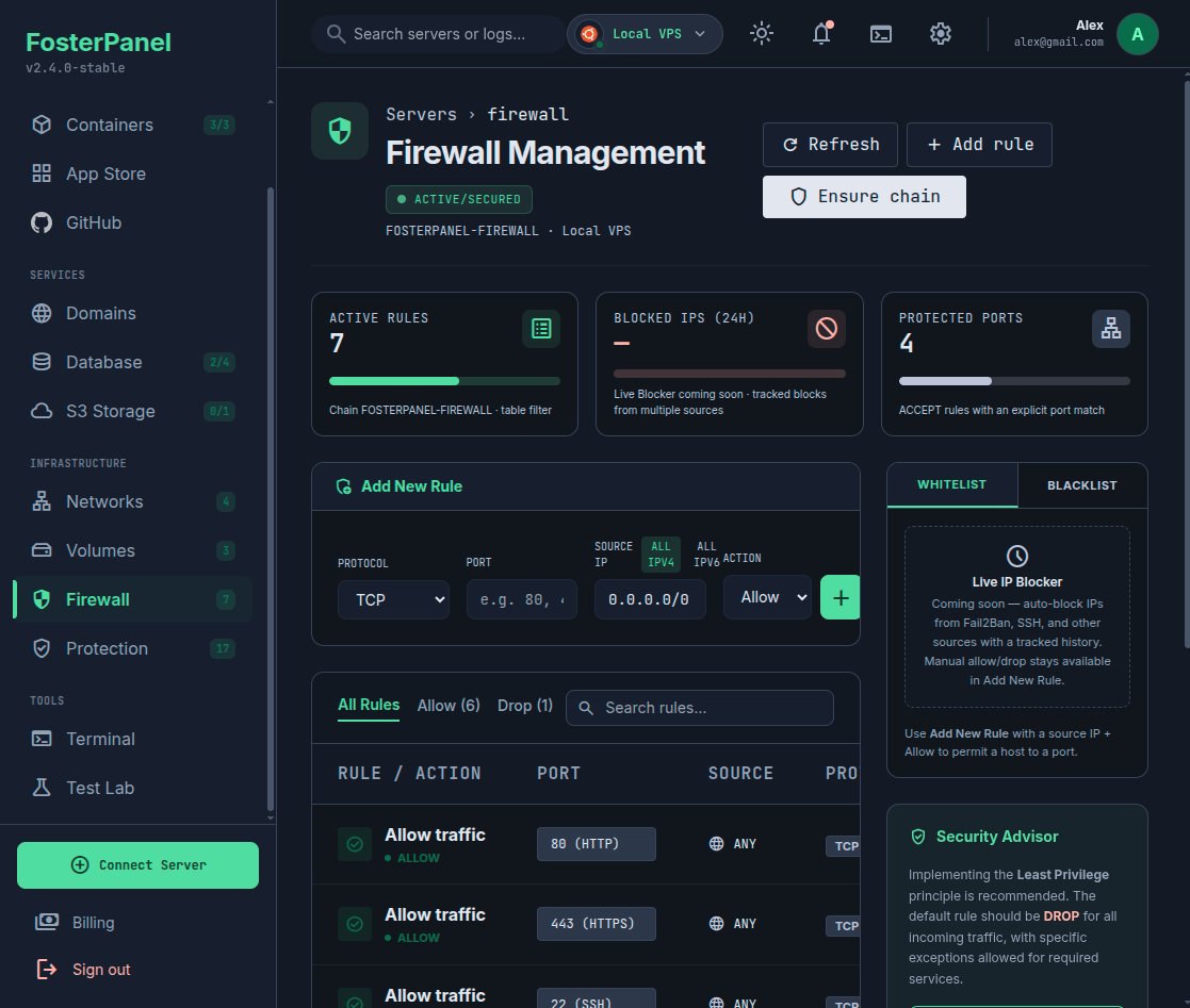 FosterPanel firewall (dark mode)