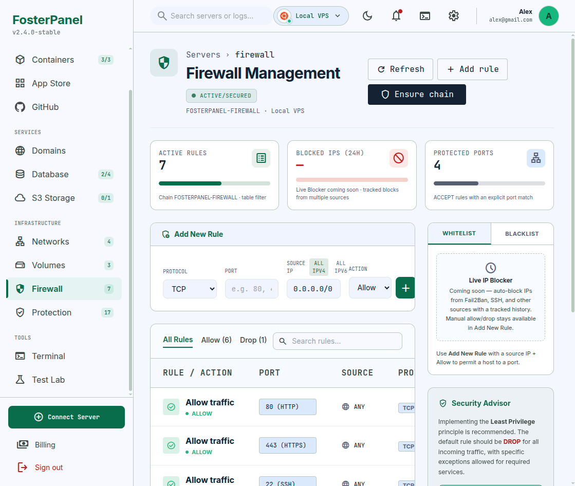 FosterPanel firewall (light mode)