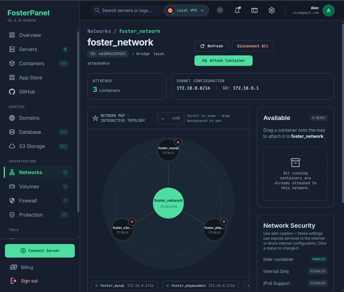 FosterPanel Network Management (dark mode)