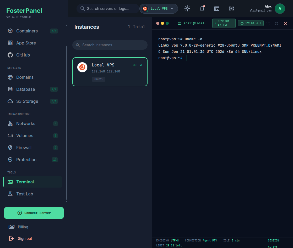 FosterPanel Secure Terminal (dark mode)
