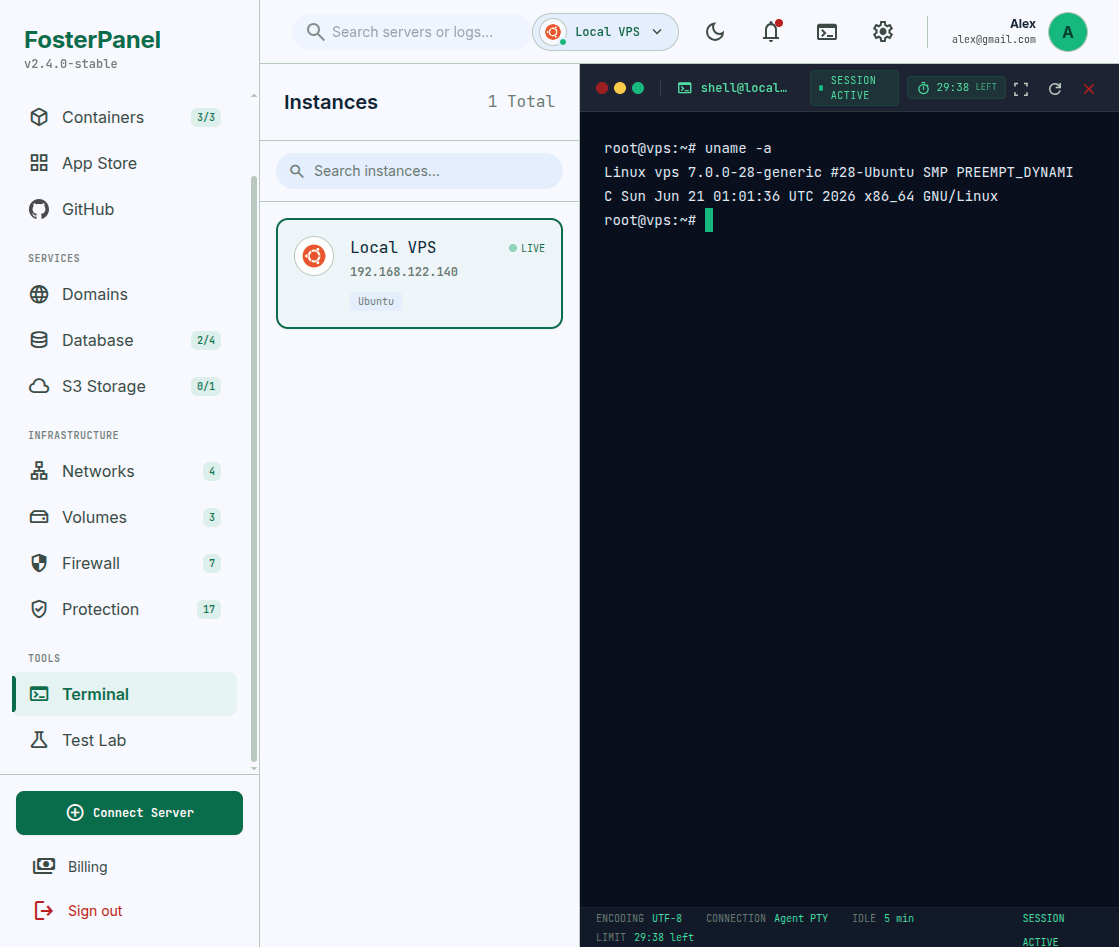 FosterPanel Secure Terminal (light mode)